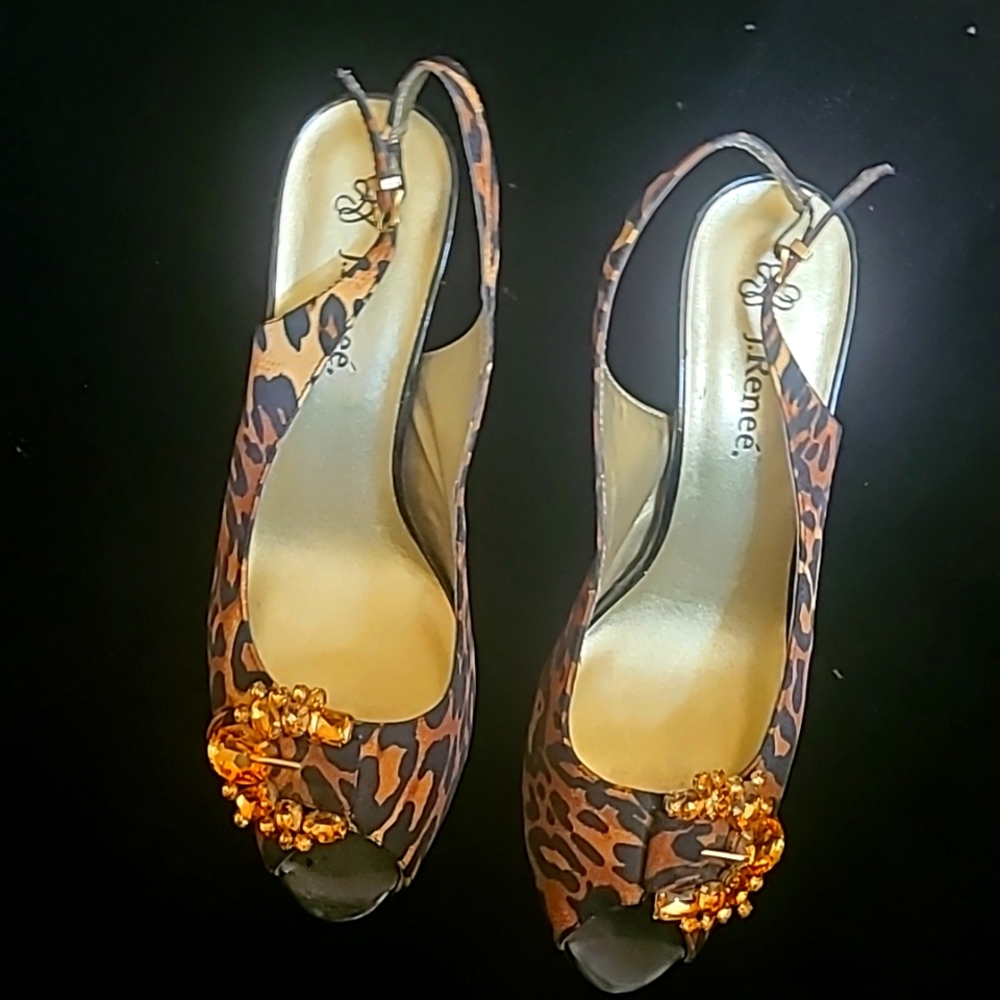 NEW leopard print platform, open-toe, embellished heels, 10M